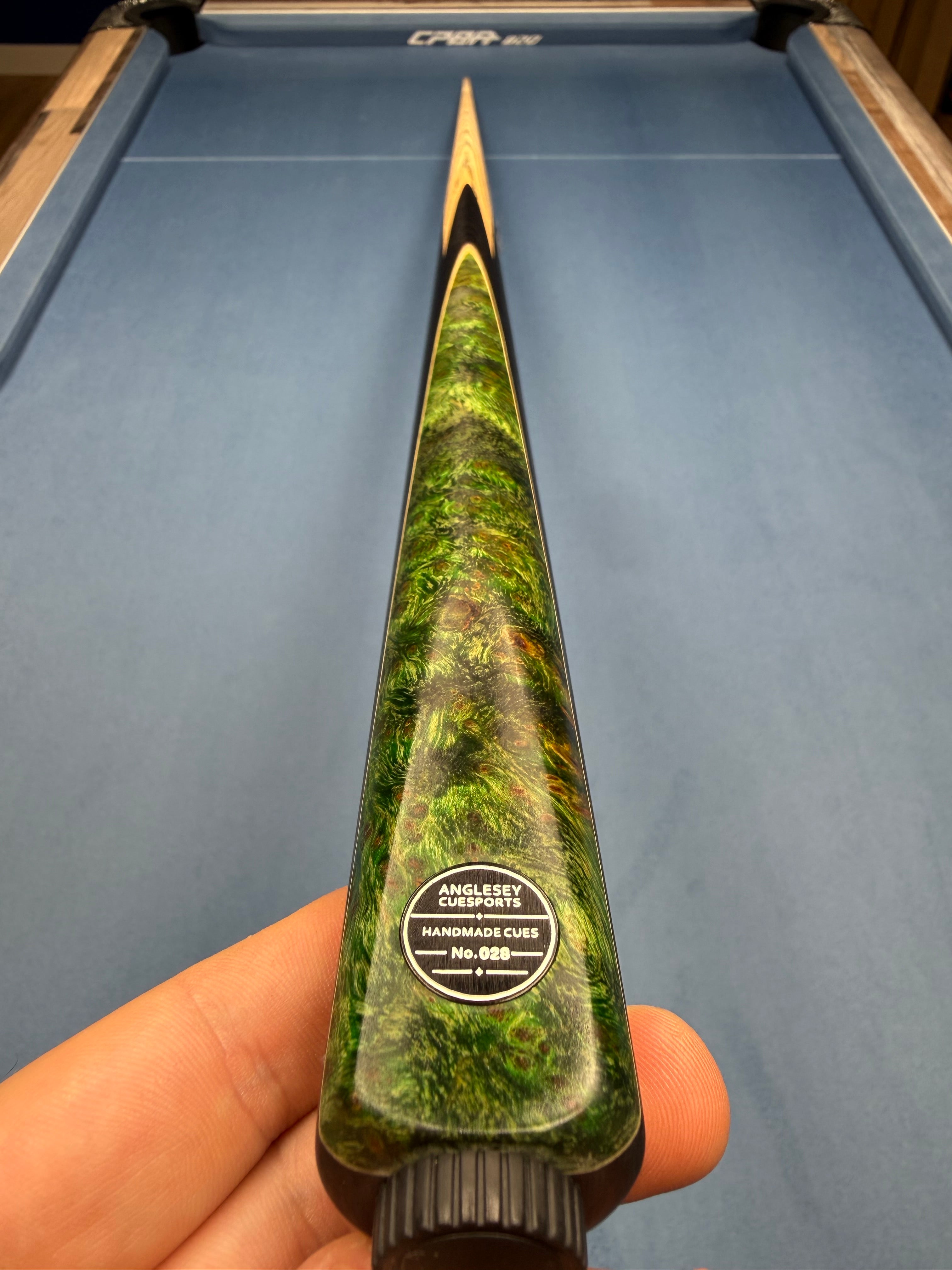 Anglesey Cuesports Green Peacock Cue No.028 - full length view from tip end on table