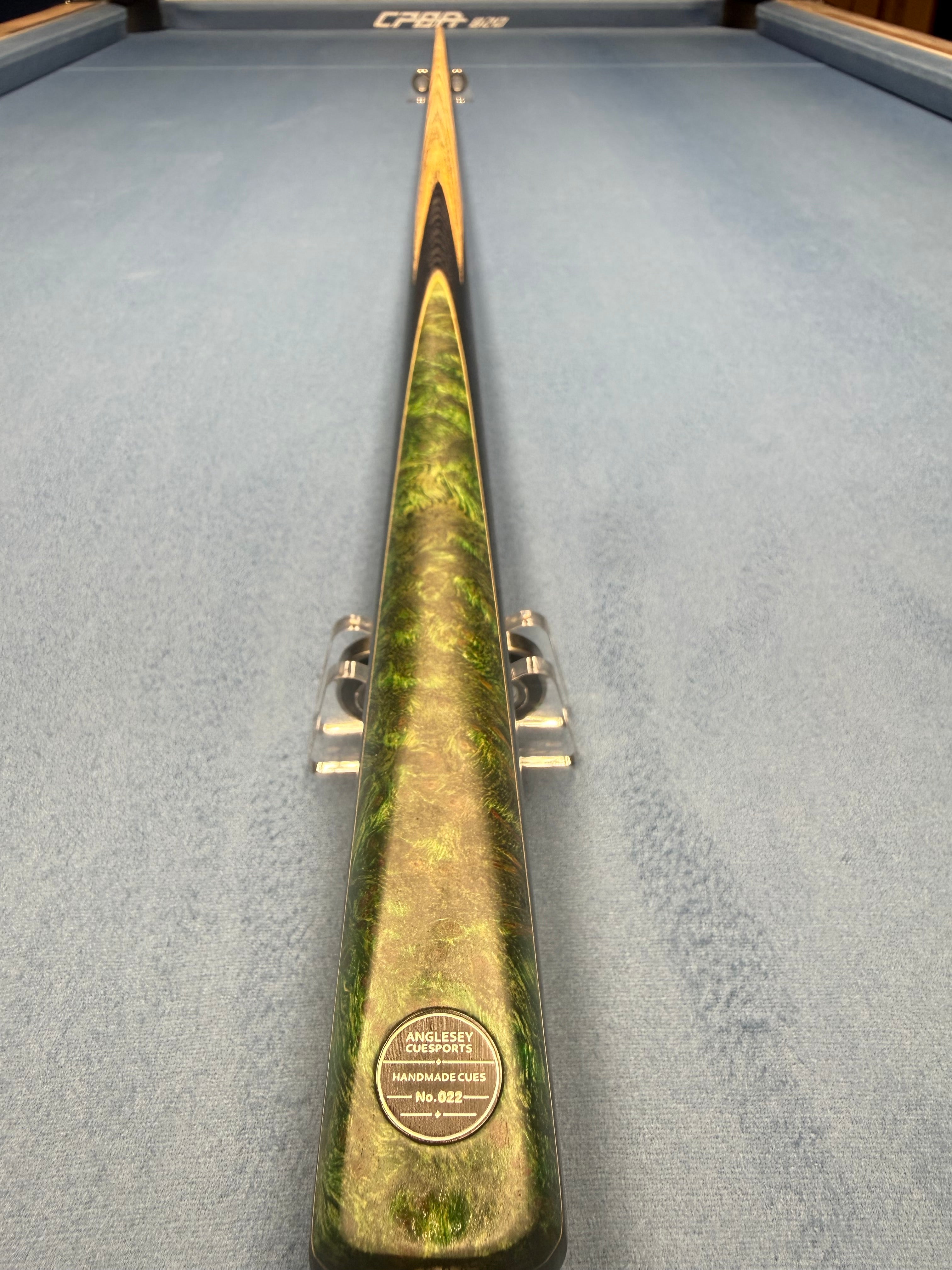 Anglesey Cuesports Green Peacock Cue No.022 - full length butt end view on table