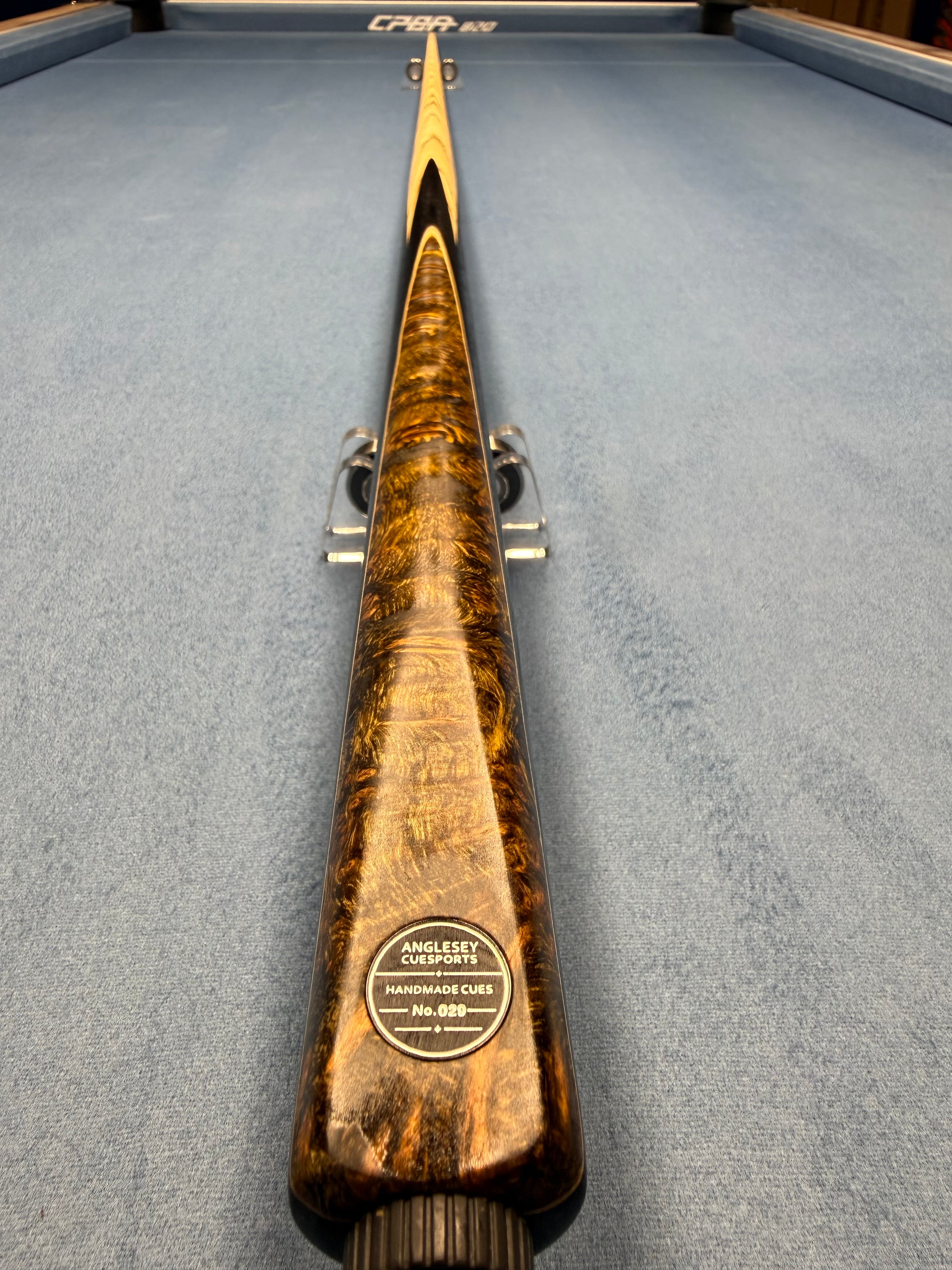 Anglesey Cuesports Dark Tiger Cue No.029 - full length butt end view showing dark tiger burr wood