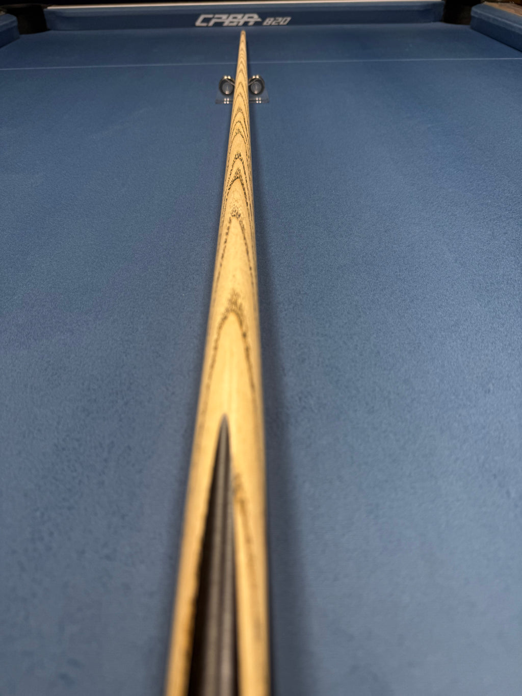 Anglesey Cuesports Dark Tiger Cue No.029 - full length tip end view showing spalted ash shaft