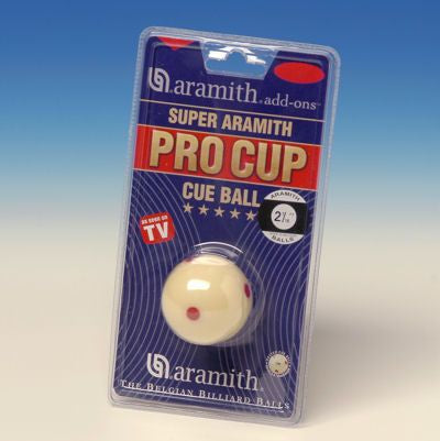 Aramith Pro Cup cue ball in packaging on a gradient blue and white background